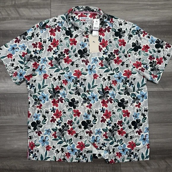 Tommy Bahama Men's Tropicana Blooms Silk Camp Shirt Gray Floral‎ NEW $148